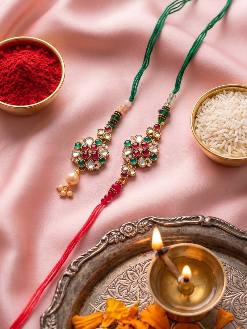 set of 2 floral design kundan studded bhaiya bhabhi rakhi with roli chawal chandan