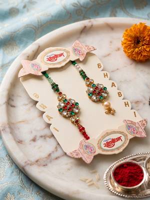 set of 2 floral design kundan studded bhaiya bhabhi rakhi with roli chawal chandan 2