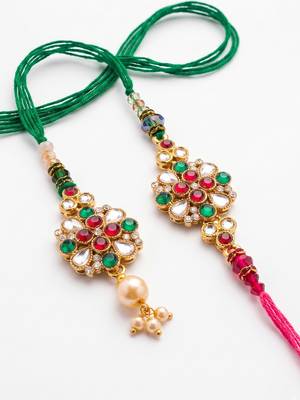 set of 2 floral design kundan studded bhaiya bhabhi rakhi with roli chawal chandan 3