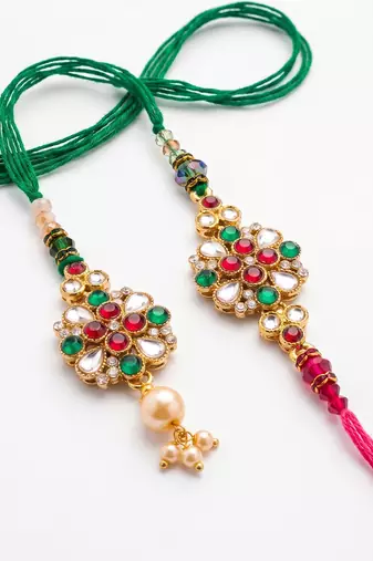 set of 2 floral design kundan studded bhaiya bhabhi rakhi with roli chawal chandan