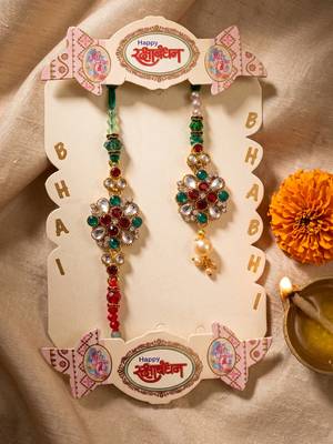 set of 2 floral design kundan studded bhaiya bhabhi rakhi with roli chawal chandan 4
