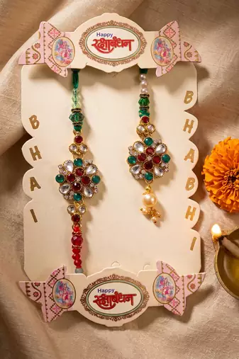 set of 2 floral design kundan studded bhaiya bhabhi rakhi with roli chawal chandan