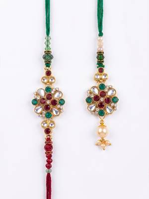 set of 2 floral design kundan studded bhaiya bhabhi rakhi with roli chawal chandan 5