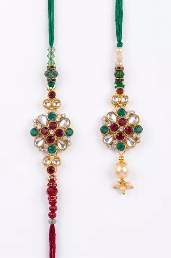 set of 2 floral design kundan studded bhaiya bhabhi rakhi with roli chawal chandan