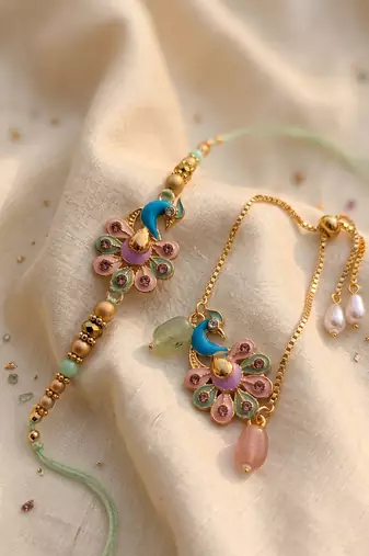 set of 2 artificial beads multicolor handmade bhaiya bhabhi rakhi with roli chawal