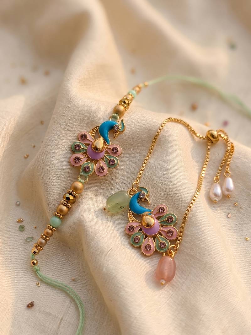 set of 2 artificial beads multicolor handmade bhaiya bhabhi rakhi with roli chawal