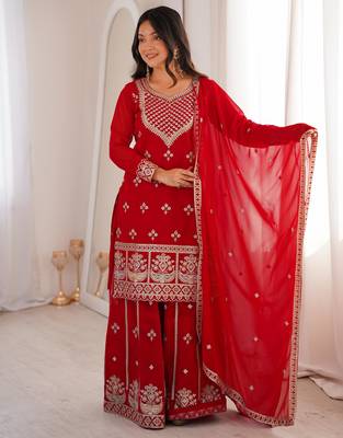 Women's Gorgeous Embroidery Fox Georgette Fabric Straight Kurta Sharara and Dupatta Set 1