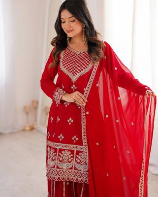 Women's Gorgeous Embroidery Fox Georgette Fabric Straight Kurta Sharara and Dupatta Set 2