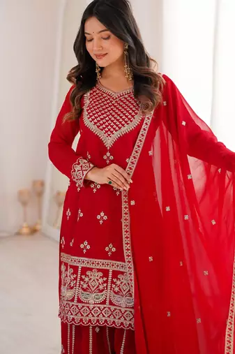 Women's Gorgeous Embroidery Fox Georgette Fabric Straight Kurta Sharara and Dupatta Set