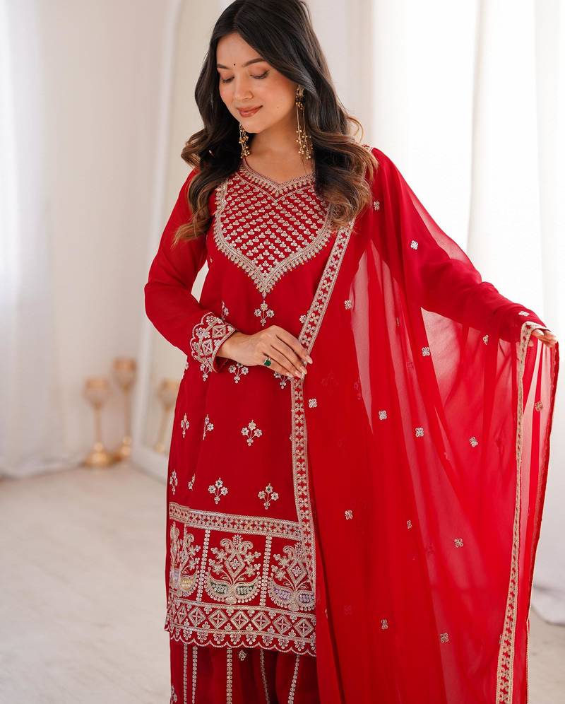 Women's Gorgeous Embroidery Fox Georgette Fabric Straight Kurta Sharara and Dupatta Set