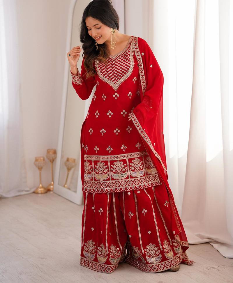 Women's Gorgeous Embroidery Fox Georgette Fabric Straight Kurta Sharara and Dupatta Set