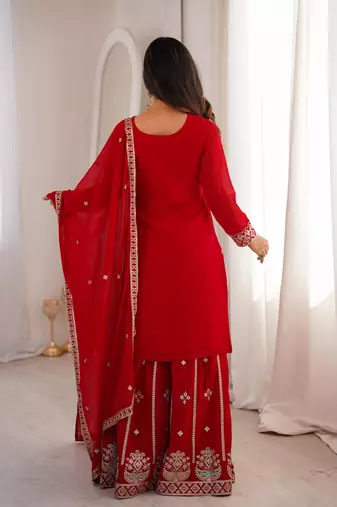 Women's Gorgeous Embroidery Fox Georgette Fabric Straight Kurta Sharara and Dupatta Set