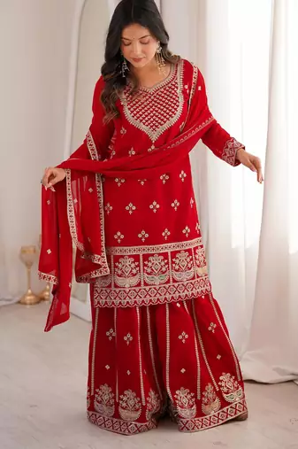 Women's Gorgeous Embroidery Fox Georgette Fabric Straight Kurta Sharara and Dupatta Set