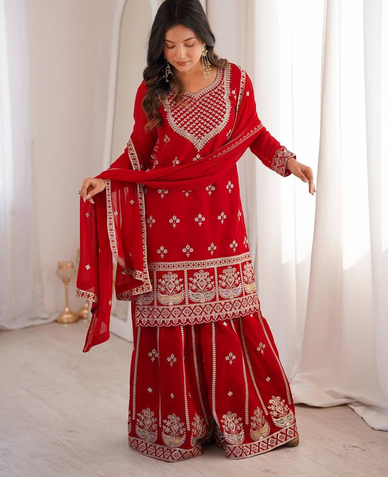 Women's Gorgeous Embroidery Fox Georgette Fabric Straight Kurta Sharara and Dupatta Set
