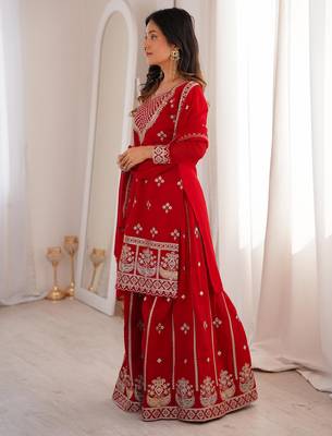 Women's Gorgeous Embroidery Fox Georgette Fabric Straight Kurta Sharara and Dupatta Set 6