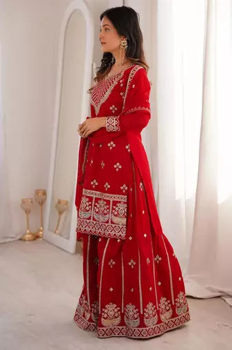 Women's Gorgeous Embroidery Fox Georgette Fabric Straight Kurta Sharara and Dupatta Set