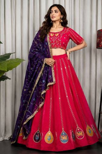 Rani Pink Vichitra Silk Blend Lehenga Choli with Dupatta