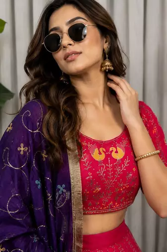 Rani Pink Vichitra Silk Blend Lehenga Choli with Dupatta