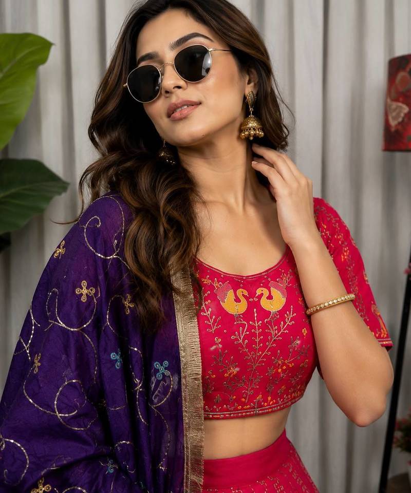 Rani Pink Vichitra Silk Blend Lehenga Choli with Dupatta