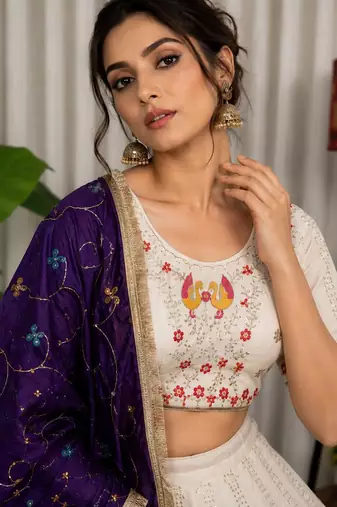White Vichitra Silk Blend Lehenga Choli with Dupatta