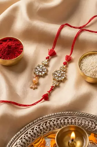 set of 2 red kundan studded floral design bhaiya bhabhi rakhi with roli chawal