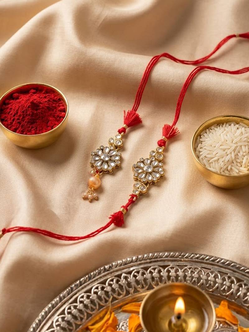 set of 2 red kundan studded floral design bhaiya bhabhi rakhi with roli chawal