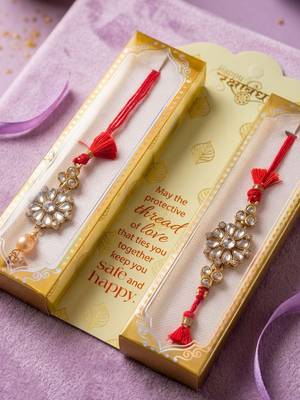 set of 2 red kundan studded floral design bhaiya bhabhi rakhi with roli chawal 2