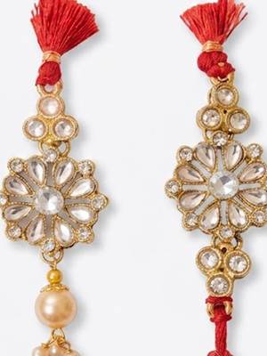 set of 2 red kundan studded floral design bhaiya bhabhi rakhi with roli chawal 3