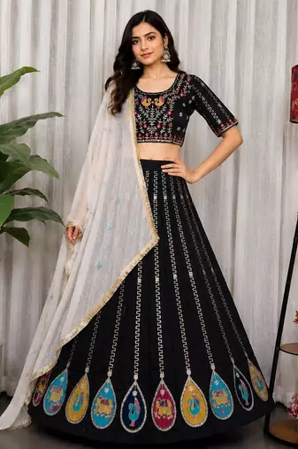 Black Vichitra Silk Blend Lehenga Choli with Dupatta