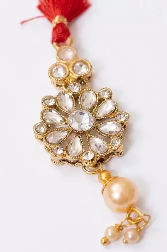 set of 2 red kundan studded floral design bhaiya bhabhi rakhi with roli chawal