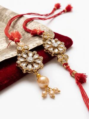set of 2 red kundan studded floral design bhaiya bhabhi rakhi with roli chawal 5