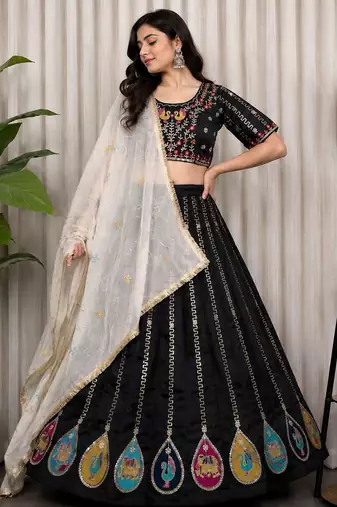 Black Vichitra Silk Blend Lehenga Choli with Dupatta