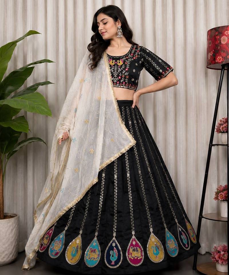 Black Vichitra Silk Blend Lehenga Choli with Dupatta