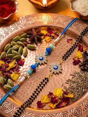 set of 2 blue evil eye artificial stones bhaiya bhabhi rakhi with roli chawal chandan 1