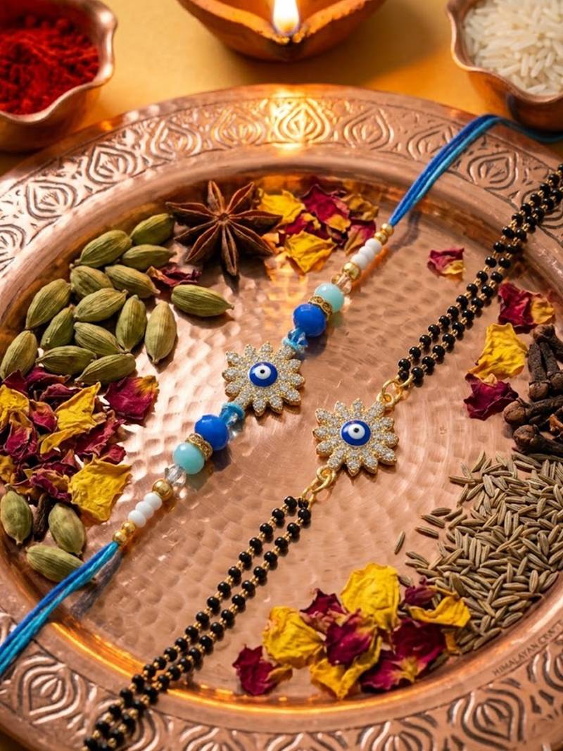 set of 2 blue evil eye artificial stones bhaiya bhabhi rakhi with roli chawal chandan
