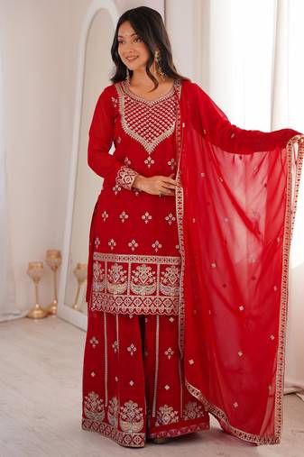 Embroidered Fox Georgette Straight Kurta Sharara and Dupatta Set