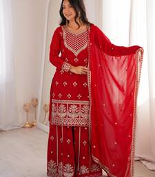 Embroidered Fox Georgette Straight Kurta Sharara and Dupatta Set
