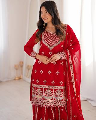 Embroidered Fox Georgette Straight Kurta Sharara and Dupatta Set 2