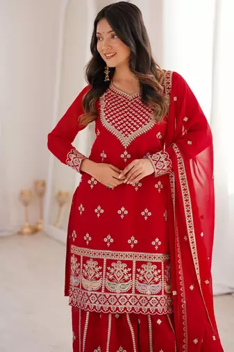 Embroidered Fox Georgette Straight Kurta Sharara and Dupatta Set