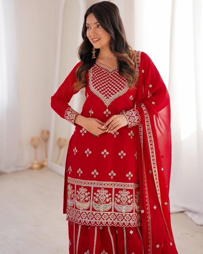 Embroidered Fox Georgette Straight Kurta Sharara and Dupatta Set