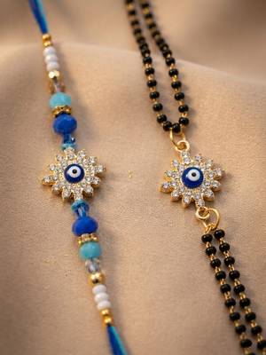set of 2 blue evil eye artificial stones bhaiya bhabhi rakhi with roli chawal chandan 2