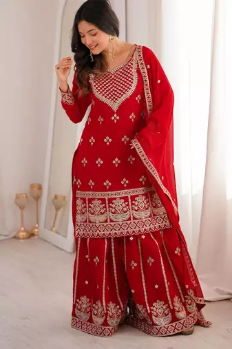 Embroidered Fox Georgette Straight Kurta Sharara and Dupatta Set
