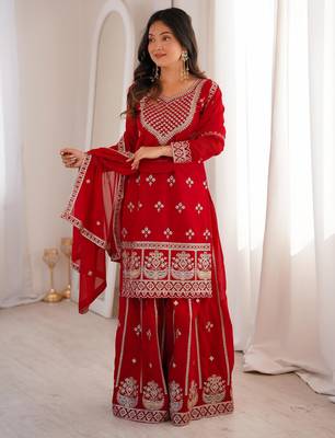 Embroidered Fox Georgette Straight Kurta Sharara and Dupatta Set 6