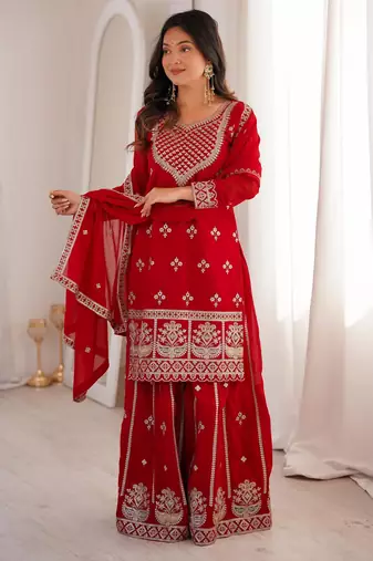 Embroidered Fox Georgette Straight Kurta Sharara and Dupatta Set