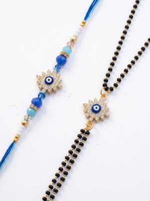 set of 2 blue evil eye artificial stones bhaiya bhabhi rakhi with roli chawal chandan 3