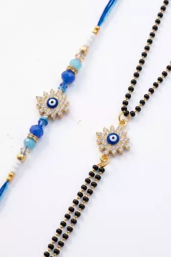 set of 2 blue evil eye artificial stones bhaiya bhabhi rakhi with roli chawal chandan