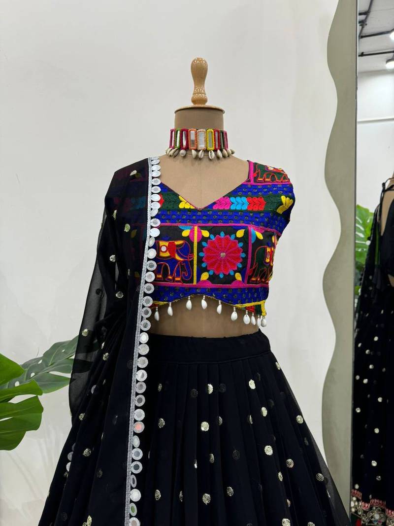 Black Georgette Sequins & Real Mirror Lehenga Choli with Dupatta