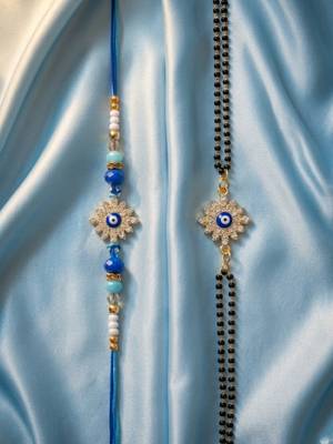 set of 2 blue evil eye artificial stones bhaiya bhabhi rakhi with roli chawal chandan 4