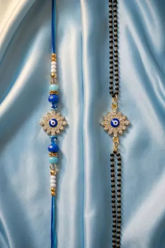 set of 2 blue evil eye artificial stones bhaiya bhabhi rakhi with roli chawal chandan