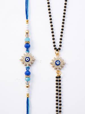set of 2 blue evil eye artificial stones bhaiya bhabhi rakhi with roli chawal chandan 5